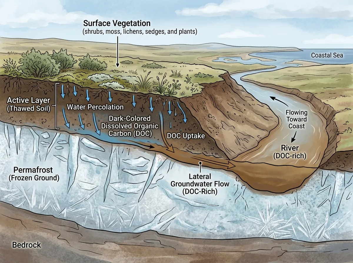 Cross-section diagram showing permafrost layers thawing and releasing dissolved carbon into a river system
