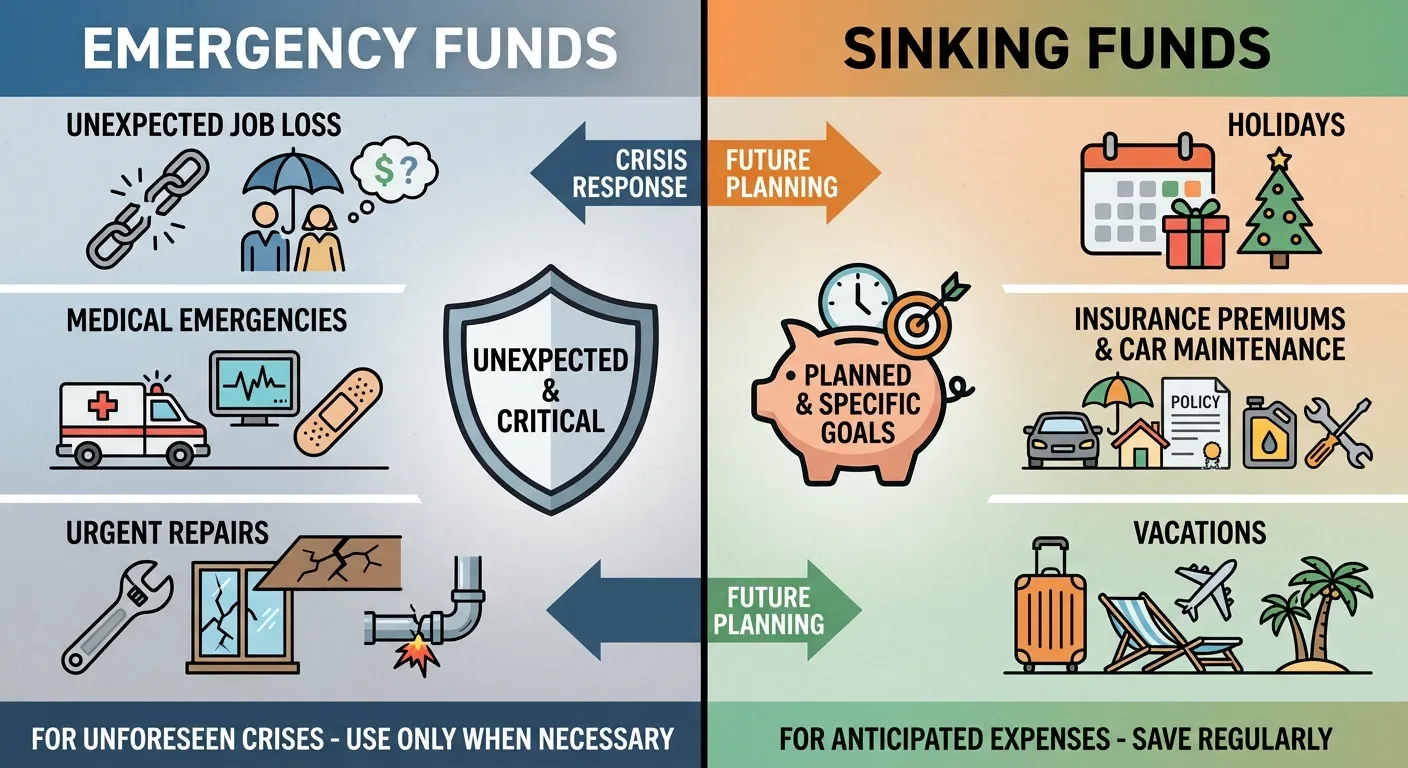 Comparison chart showing emergency fund vs sinking fund purposes