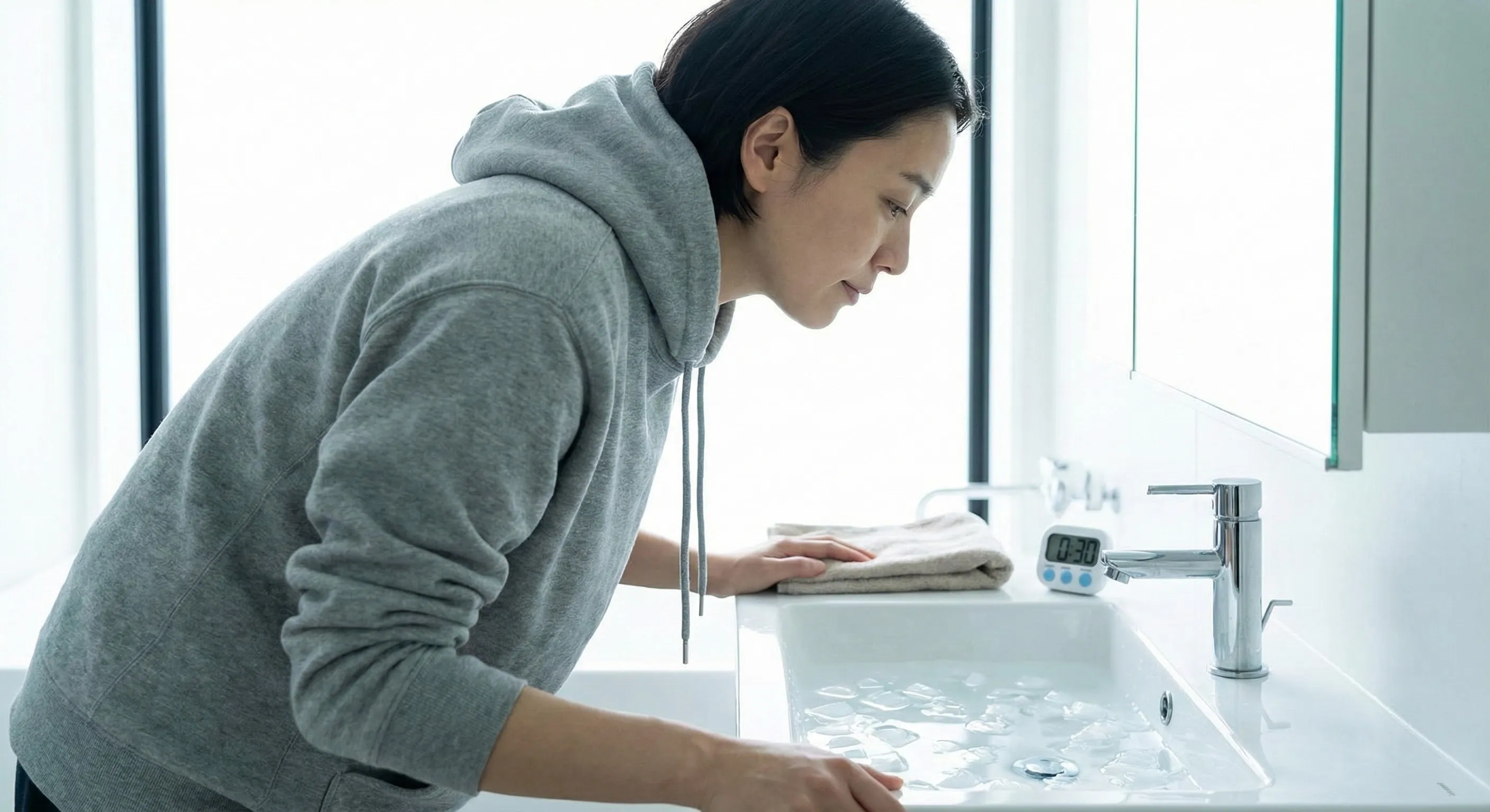 Person preparing to immerse face in bathroom sink filled with ice-cold water for vagal nerve dive reflex technique