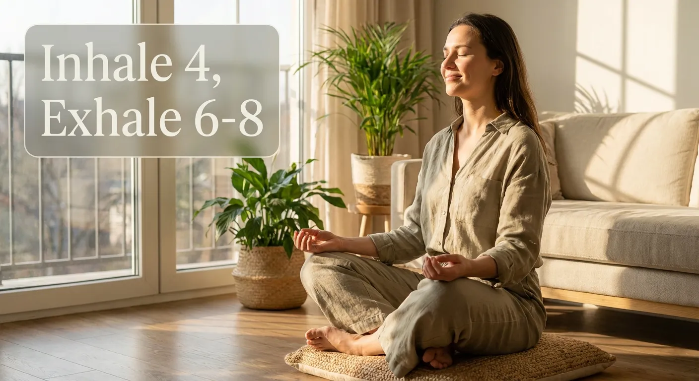 Person practicing extended exhale breathwork in calm morning setting with eyes closed
