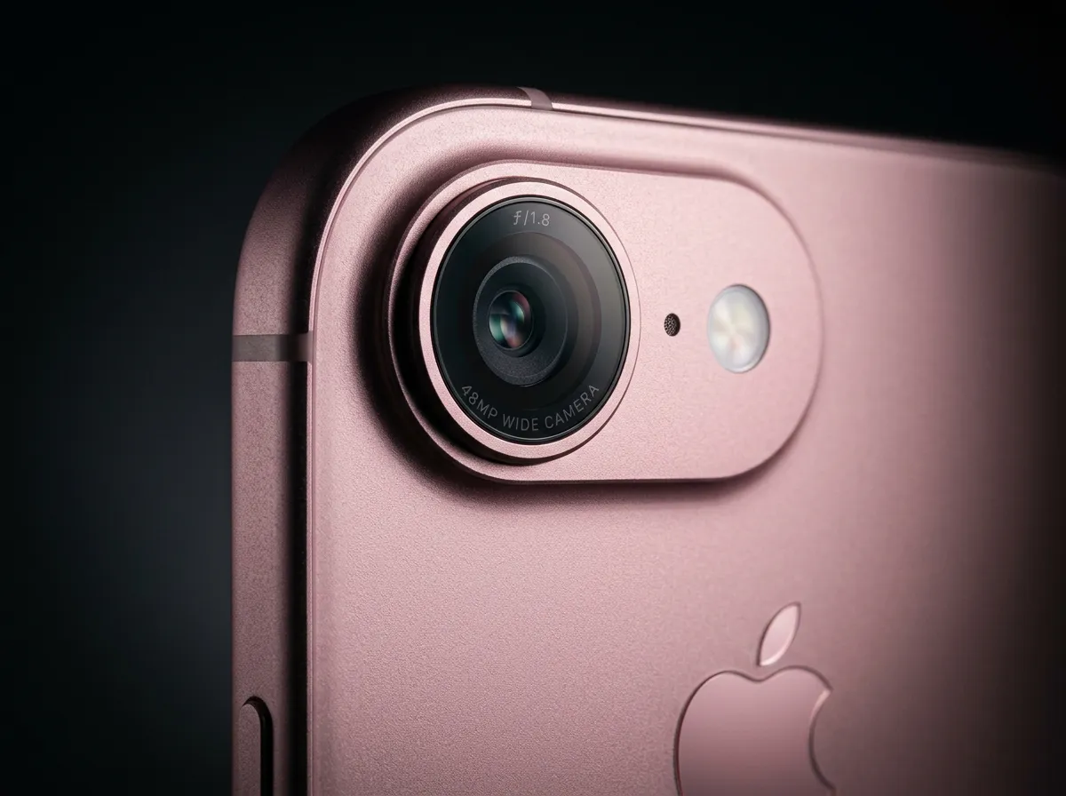 Close-up of the iPhone 17e camera module and matte aluminum finish