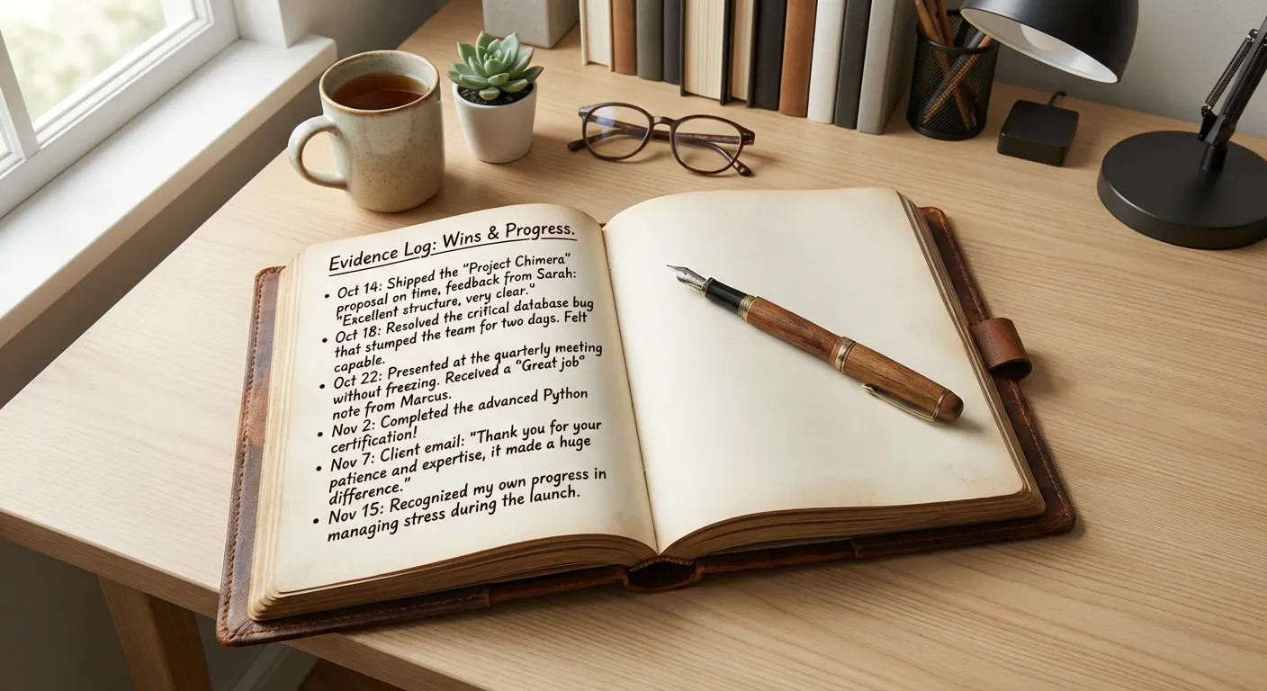 Open notebook showing list of accomplishments with a pen, suggesting the practice of tracking wins