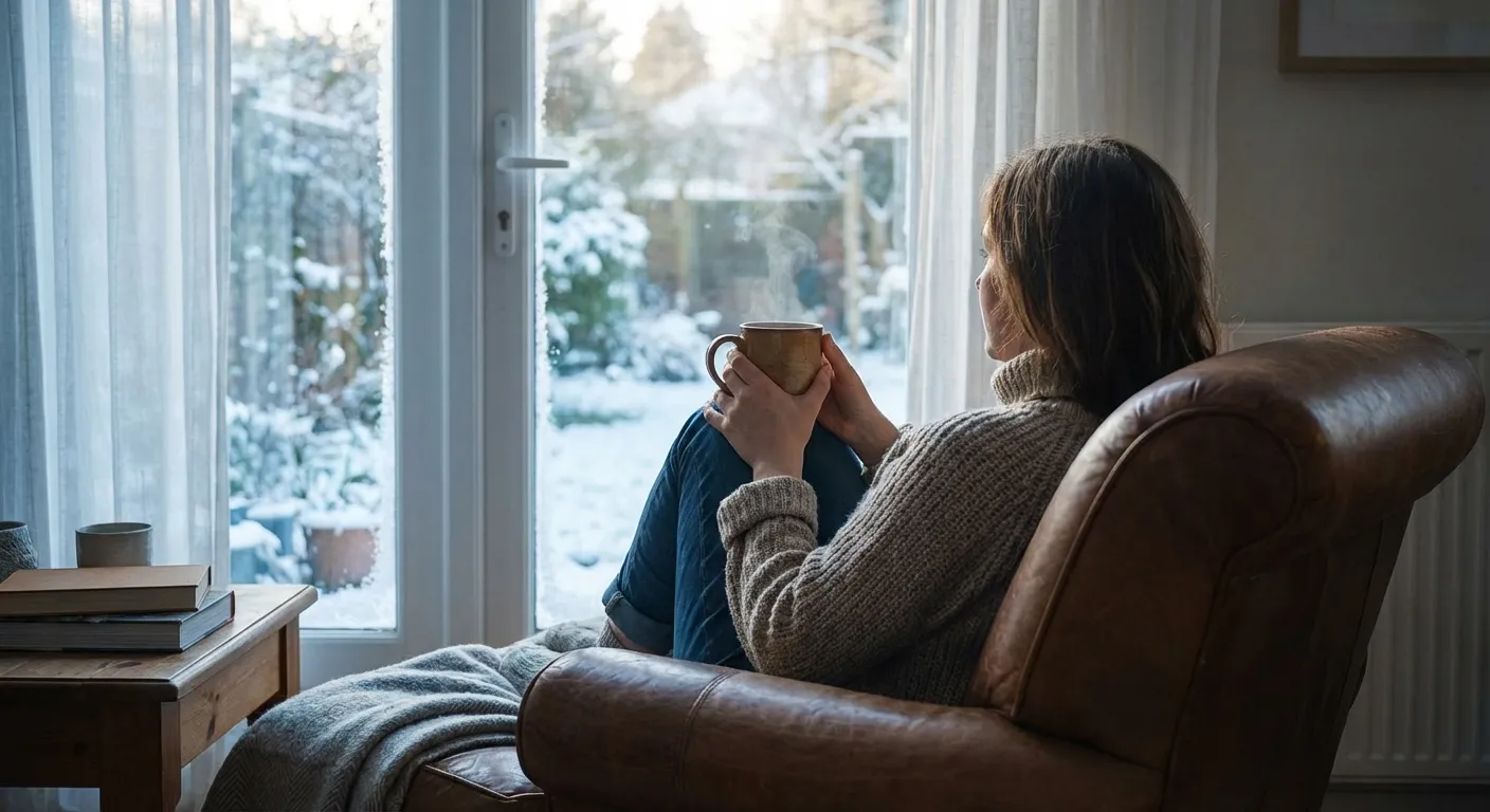 Person sitting by window with warm drink, soft winter light filtering through