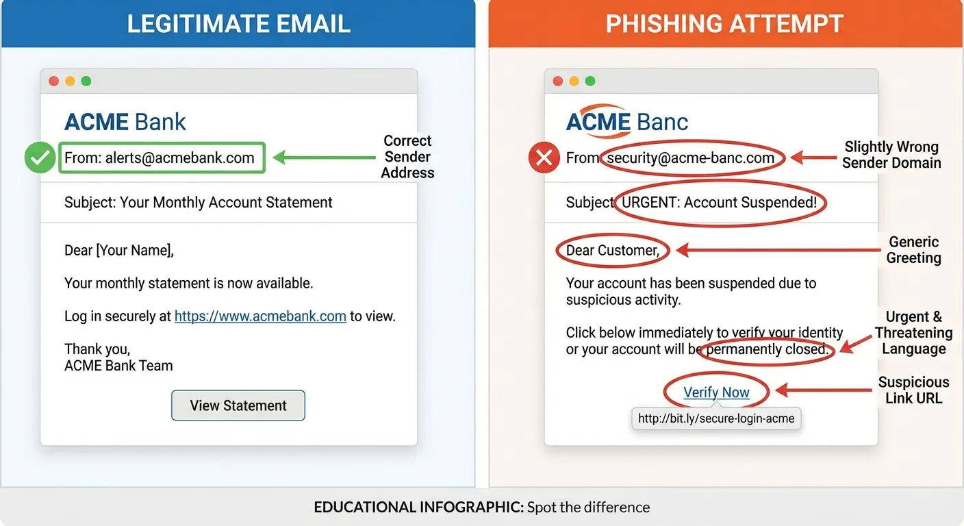 Comparison of legitimate email versus phishing email with annotations
