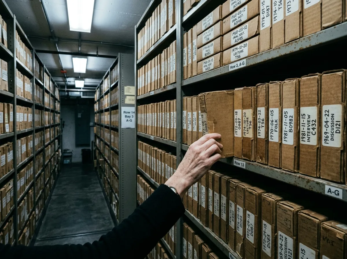 Stacks of archived audio tape boxes on metal shelving in a university archive