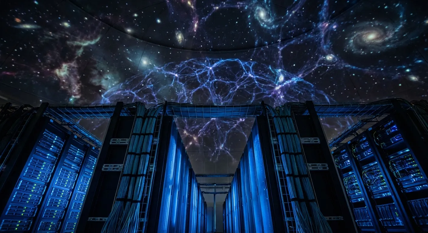 Supercomputer with swirling galaxies representing limits of simulation