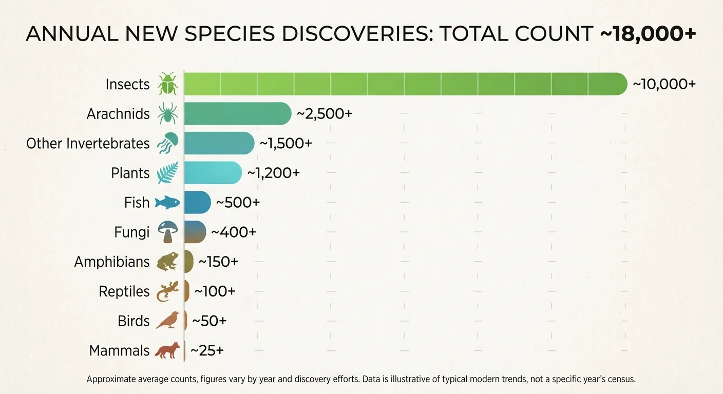 Chart showing annual rates of new species descriptions across different organism groups