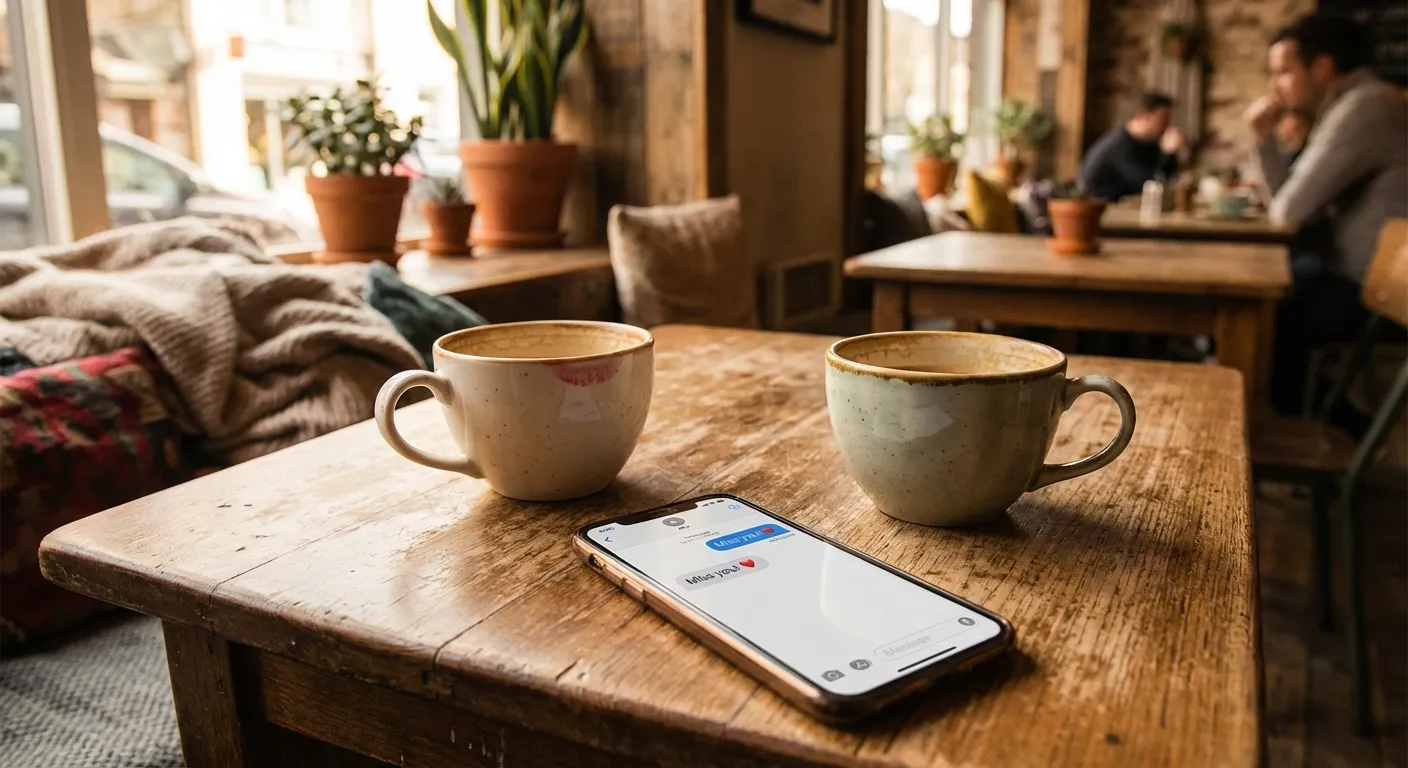 Two coffee cups on table with phone showing text message, warm connection despite physical distance