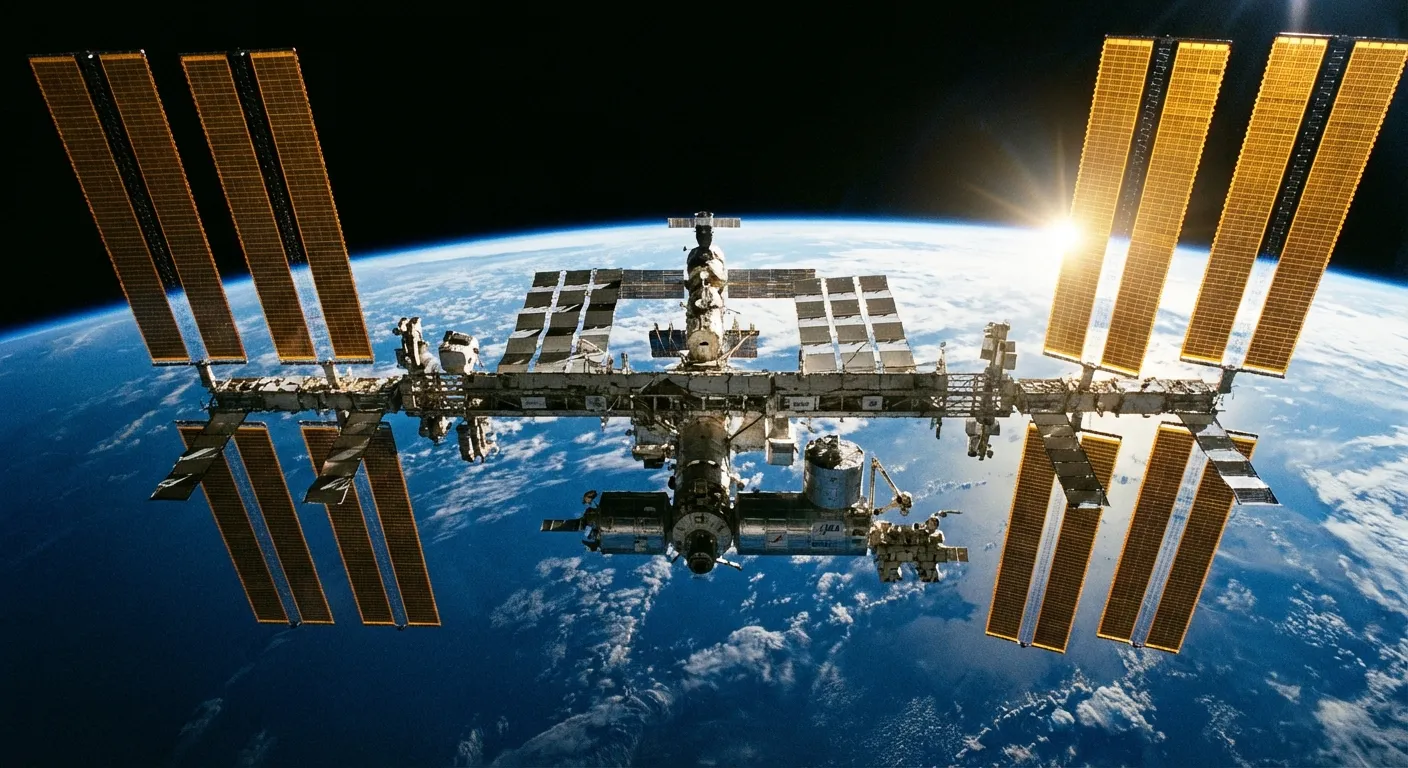 International Space Station orbiting above Earth with sunlight illuminating solar panels