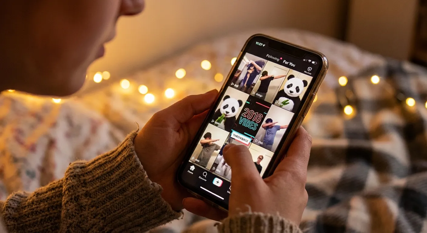 Young person browsing nostalgic content on their phone with warm lighting