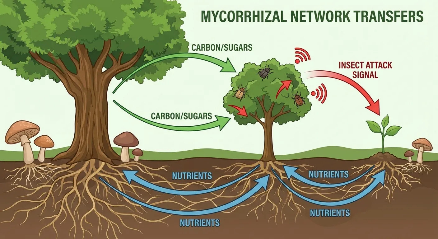 Diagram showing resource and signal flow between trees through fungal network