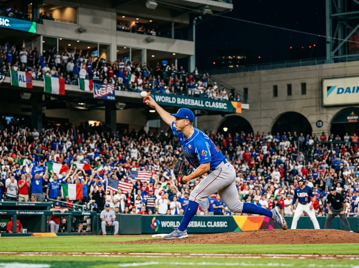 Michael Lorenzen pitching for Italy during the World Baseball Classic game against USA