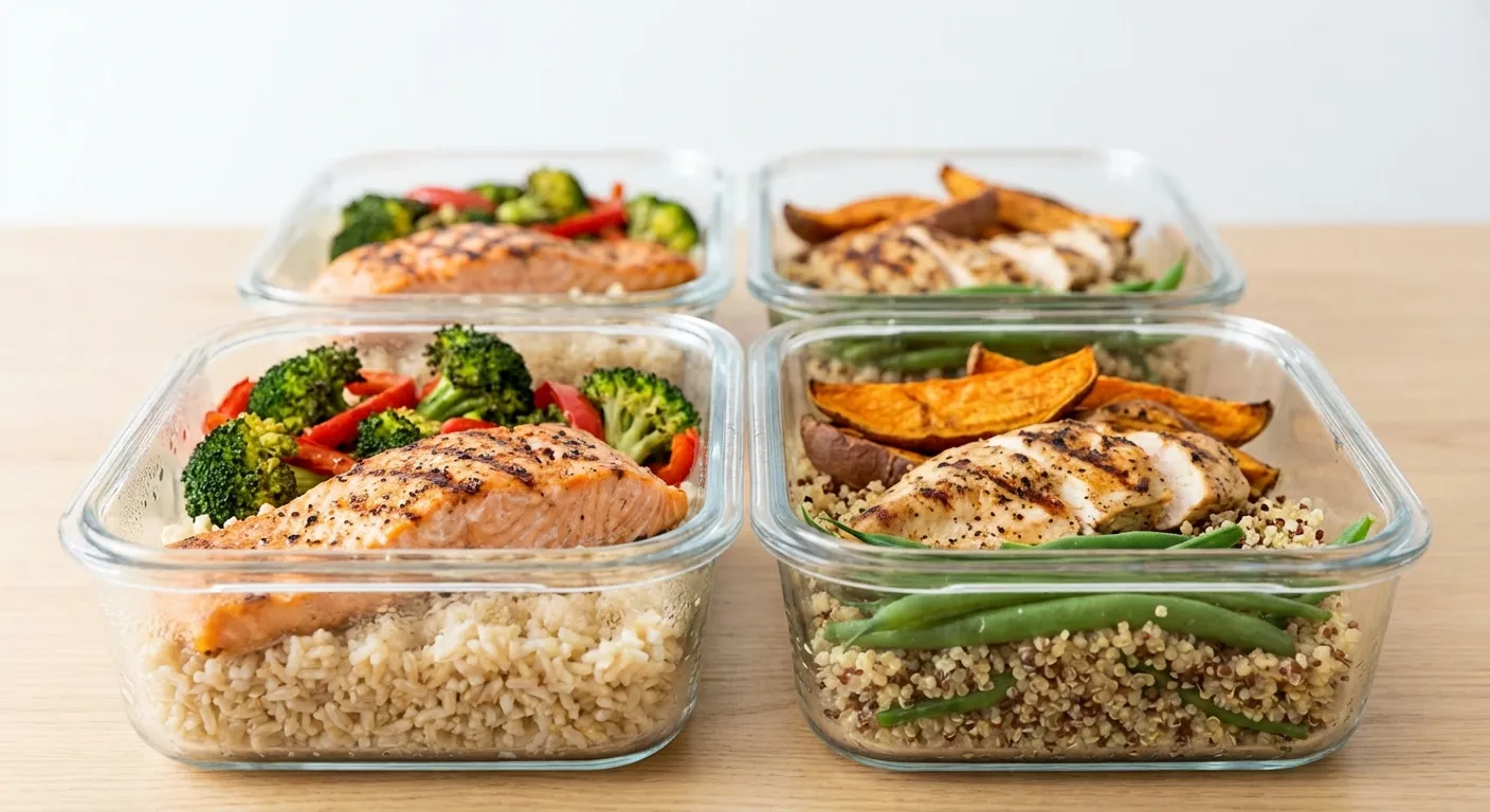 Glass containers with portioned meals showing protein, vegetables, and grains