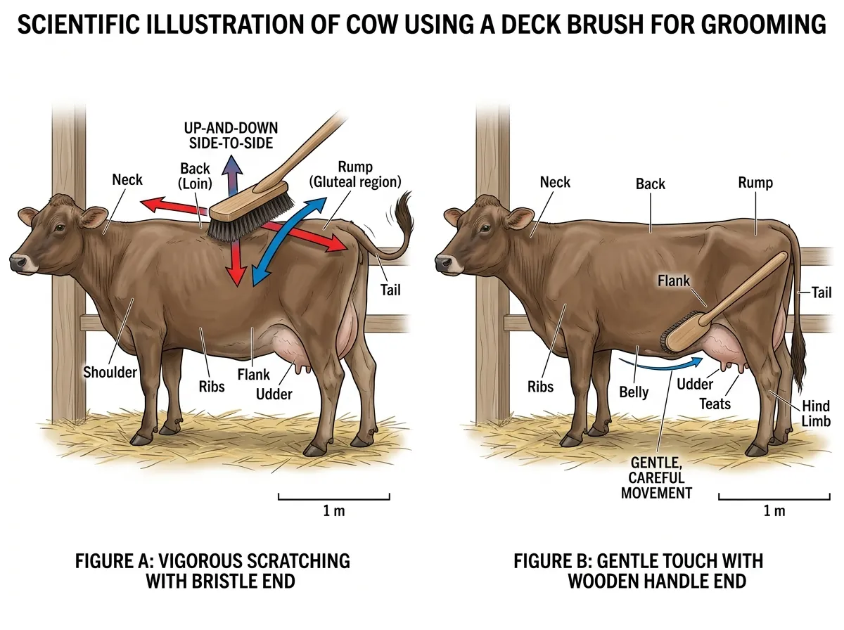 Scientific diagram showing a cow using different ends of a brush on different body regions