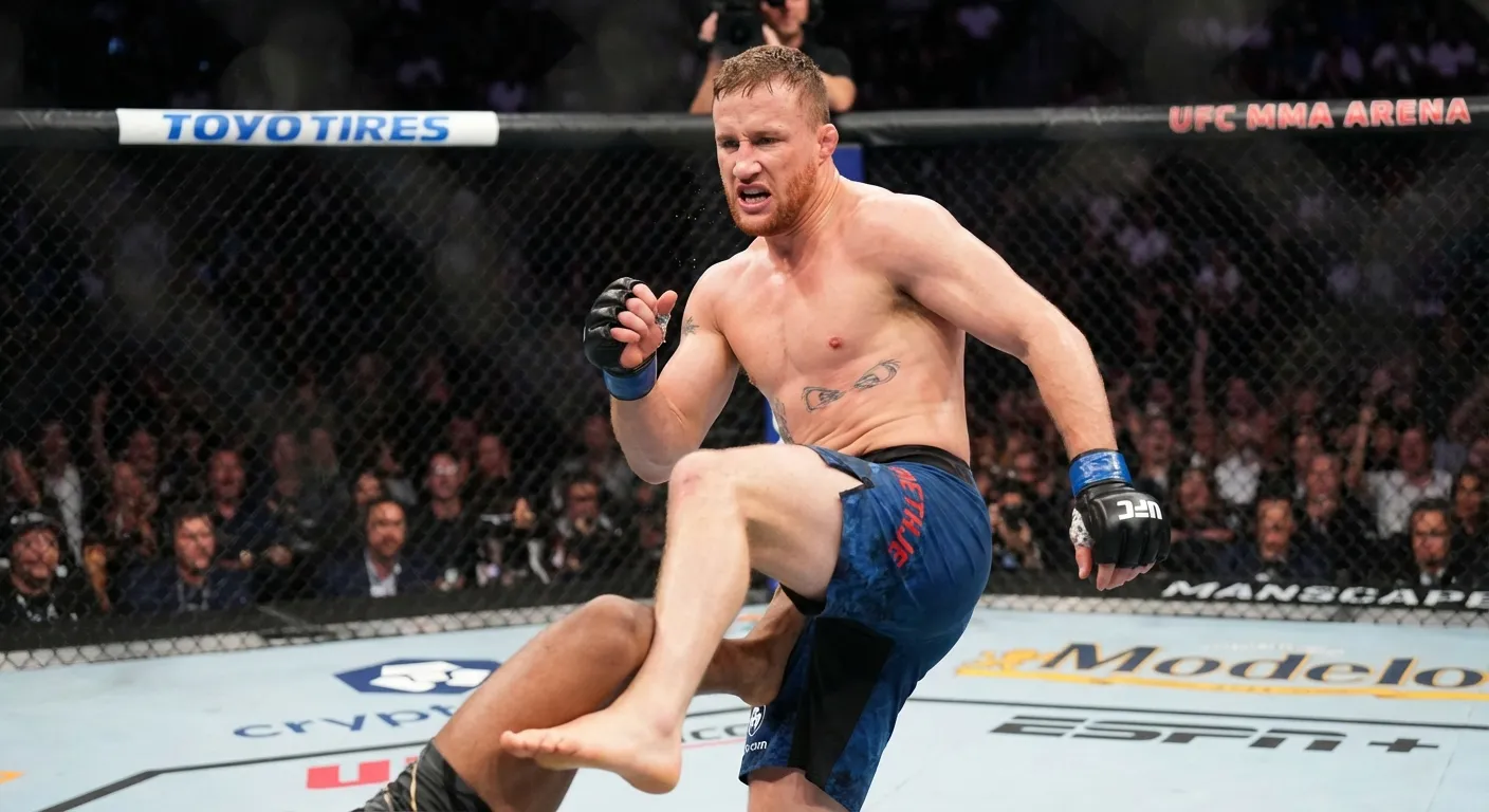 Justin Gaethje landing a powerful leg kick during a fight