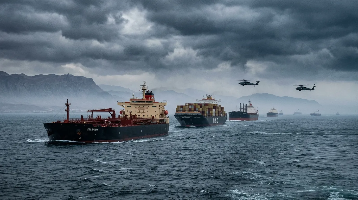 Cargo ships passing through the narrow Strait of Hormuz under heavy cloud cover with military helicopters overhead