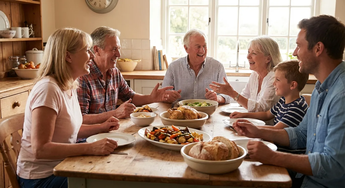 Family or friends sharing unhurried meal together at table