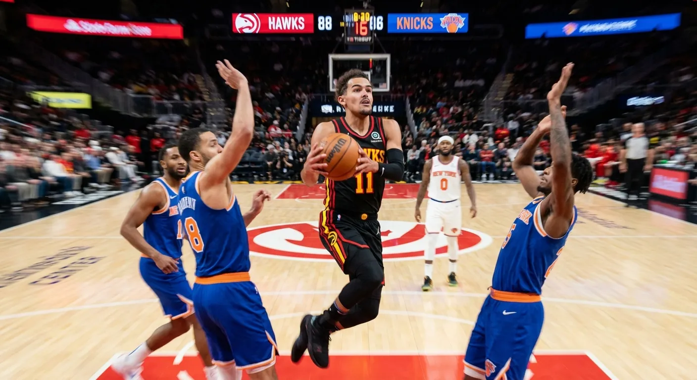 Trae Young driving to basket with defenders collapsing creating space for teammates