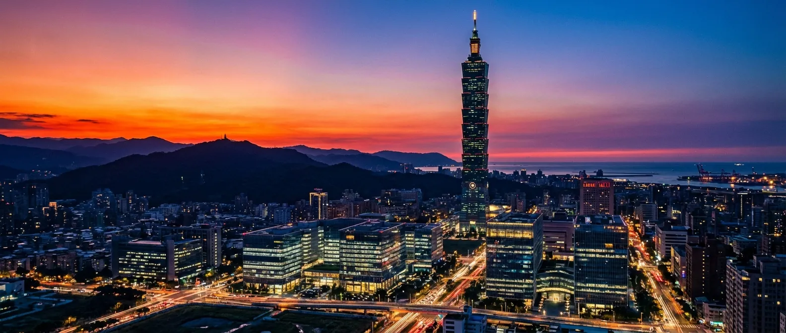 Taipei city skyline at dusk with technology district illuminated