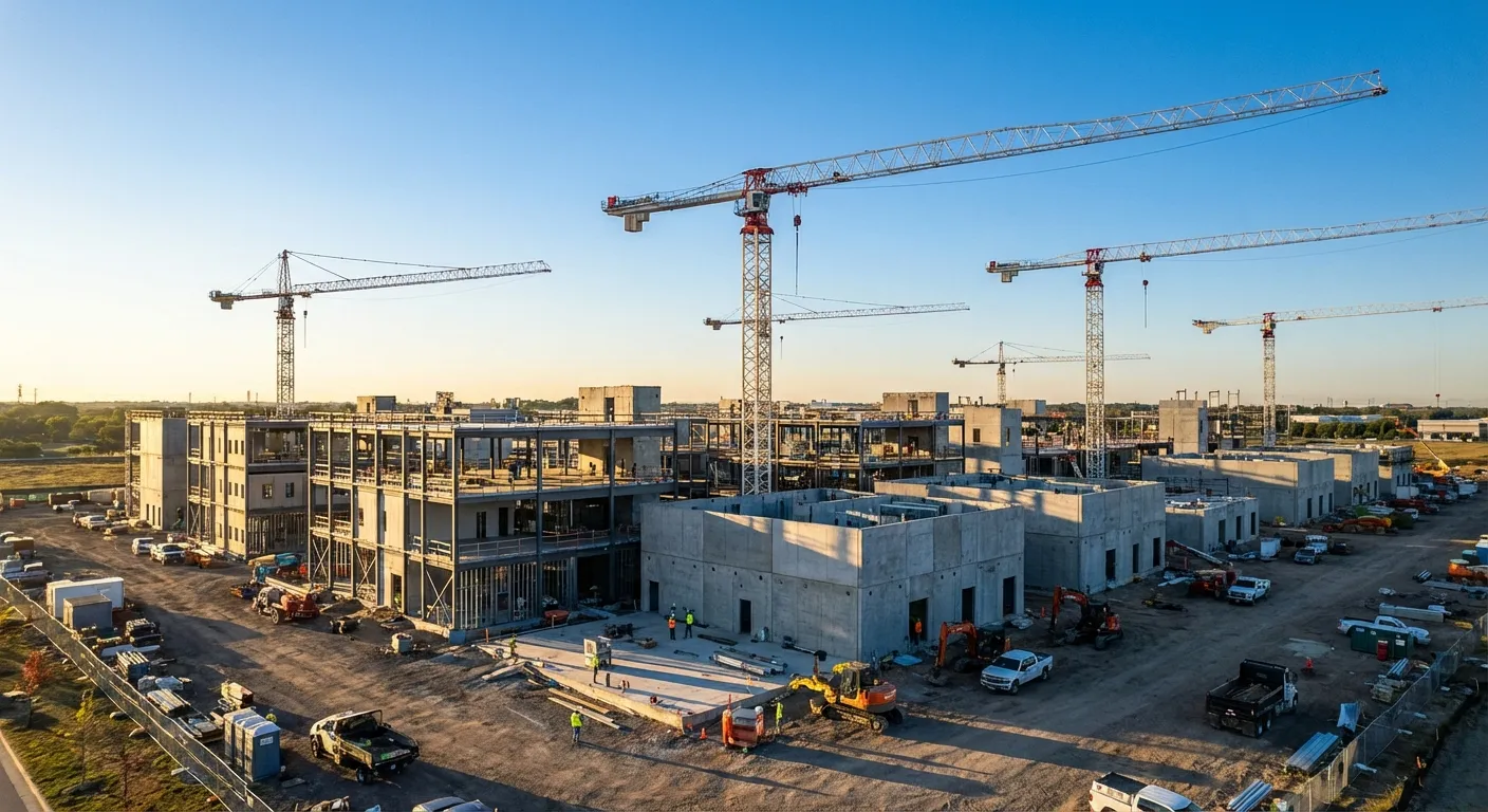 Construction site of new data center facility with cranes and workers