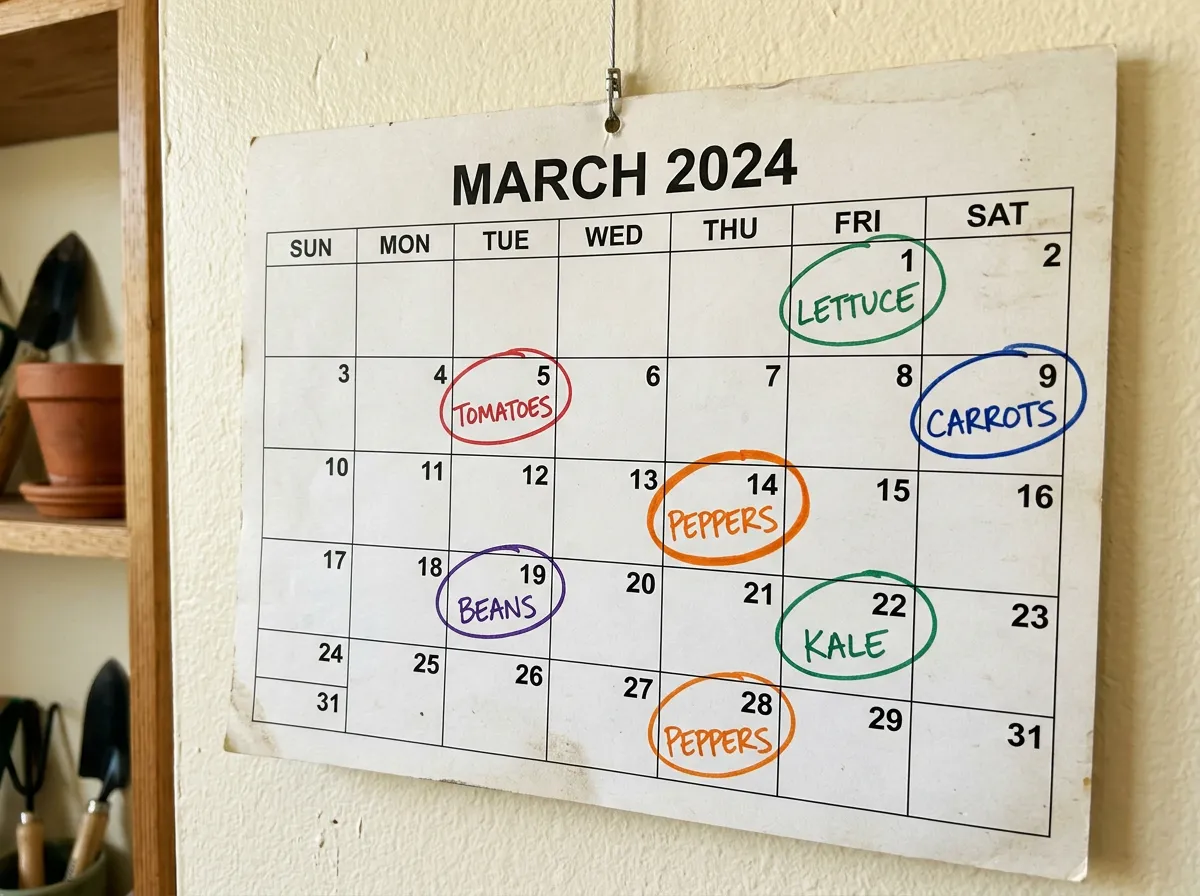 Calendar page showing seed starting dates marked for different vegetable types