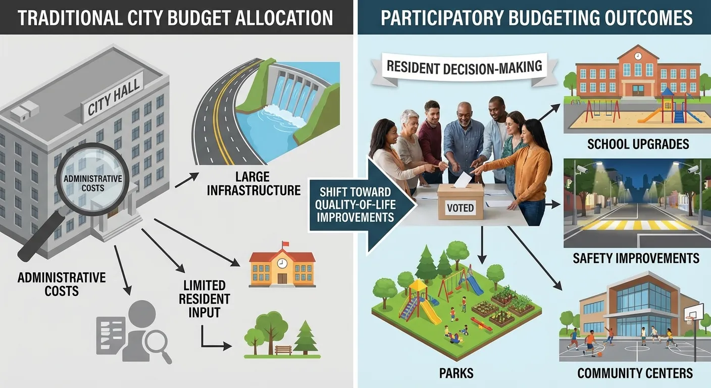 Comparison chart showing traditional vs participatory budgeting spending priorities