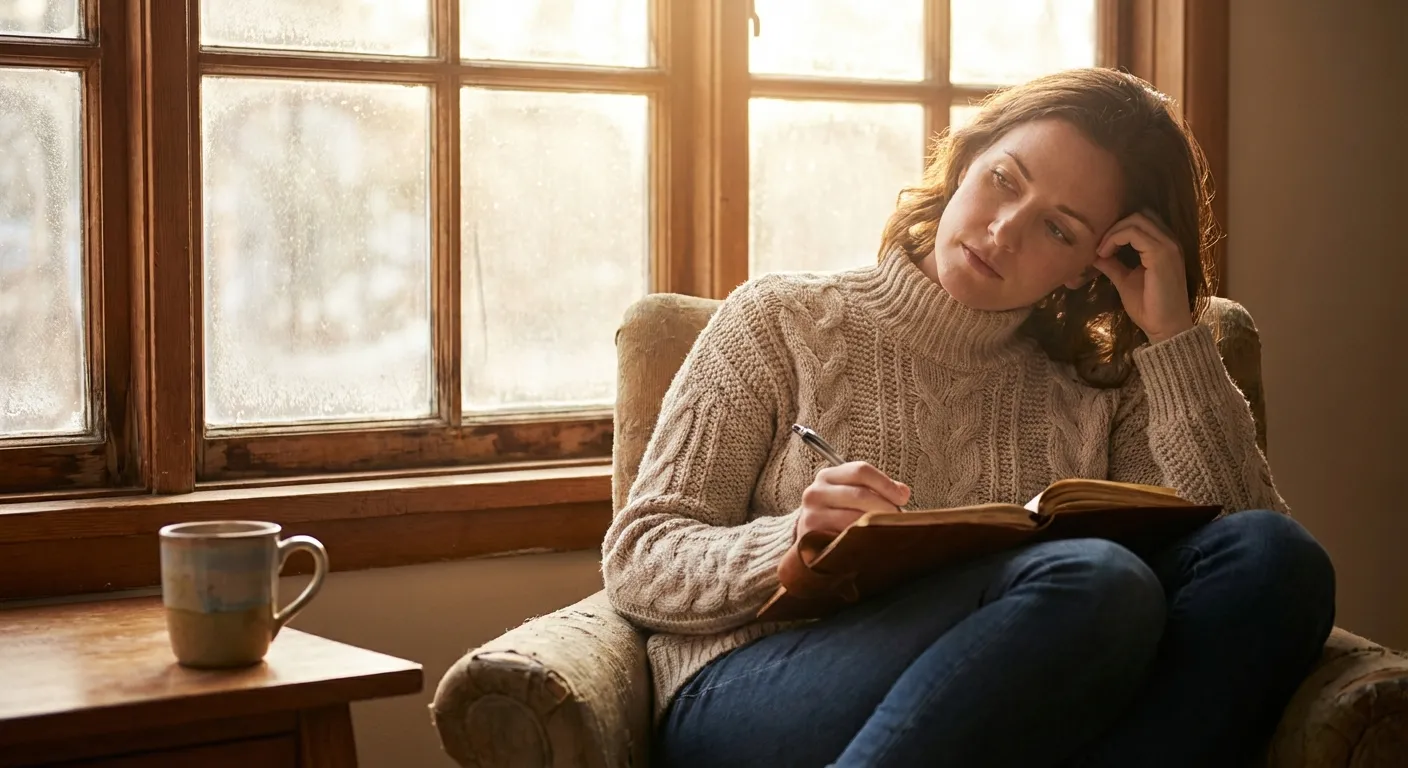 Person writing thoughtfully in a journal by a window with morning light