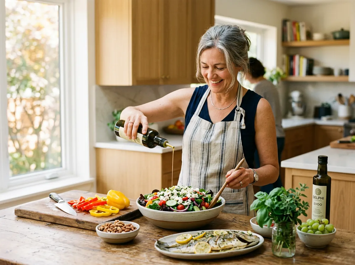 Woman preparing a Mediterranean meal with colorful vegetables olive oil and fresh herbs