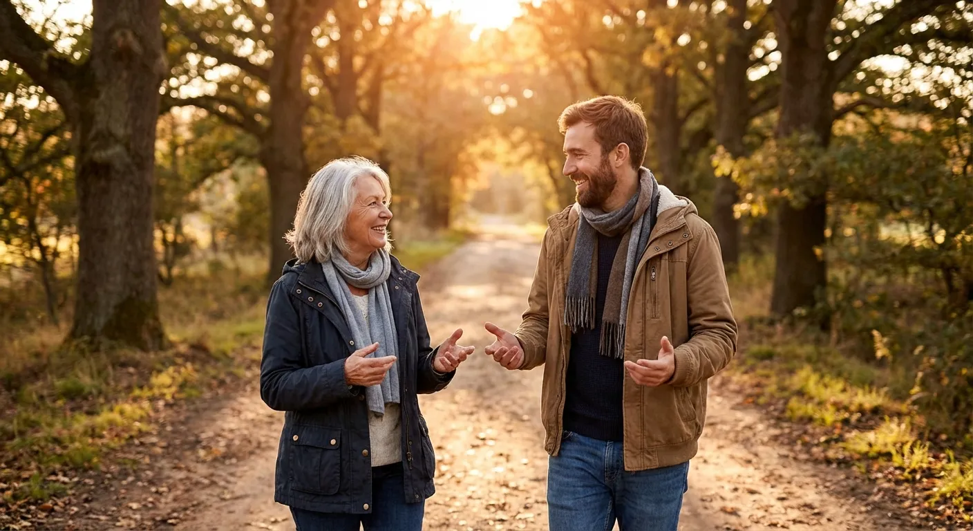 Two people walking together on a tree-lined path sharing genuine conversation and laughter