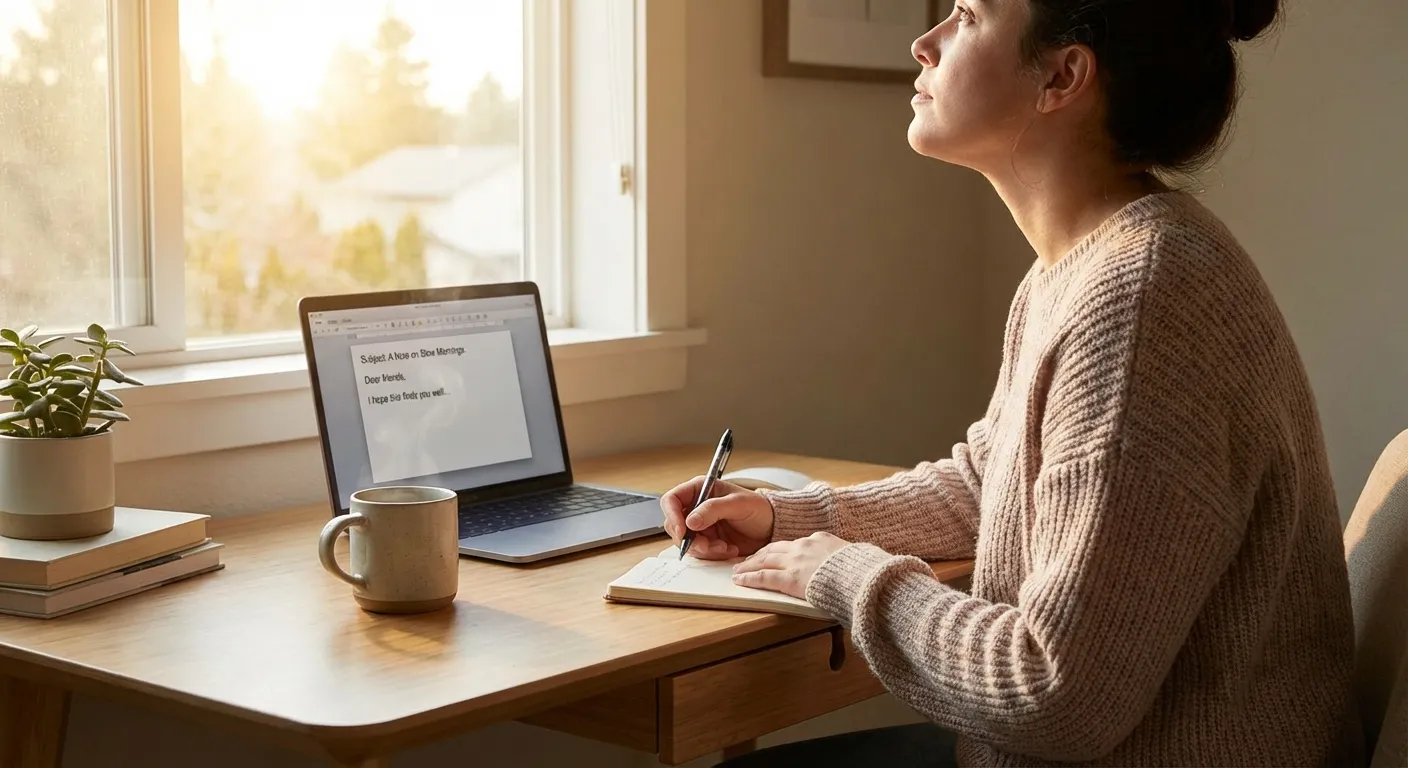 Person writing a thoughtful newsletter at a desk with warm morning light