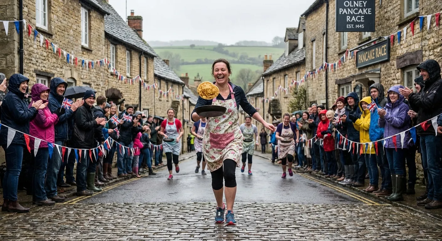 Woman running with a frying pan during a traditional pancake race on a village street