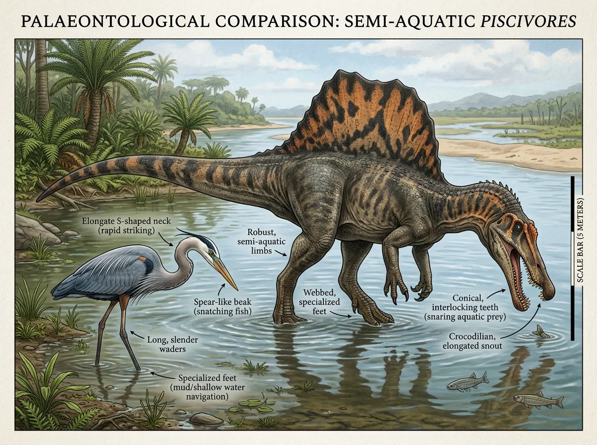 Comparison diagram showing a great blue heron next to a scaled Spinosaurus in hunting posture