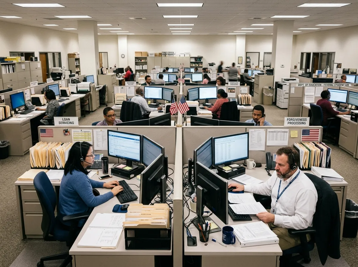 A government office cubicle area with workers processing paperwork at desks