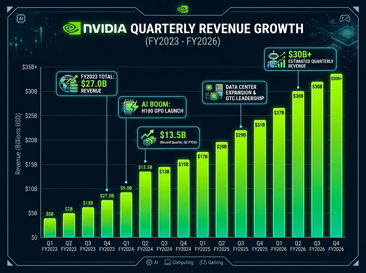 Financial chart showing NVIDIA quarterly revenue growth from 2023 through 2026