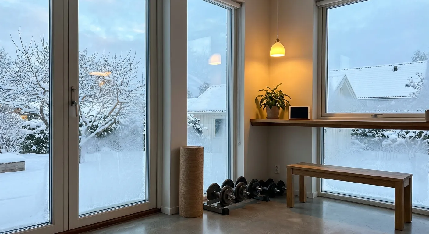 Home gym setup near large windows with winter morning light streaming in
