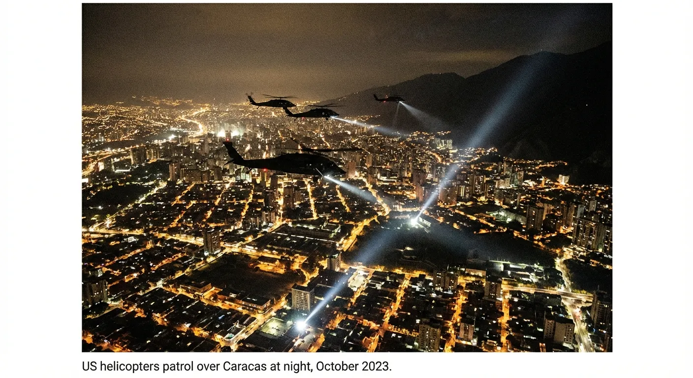 Aerial view of Caracas at night with military helicopters visible against city lights