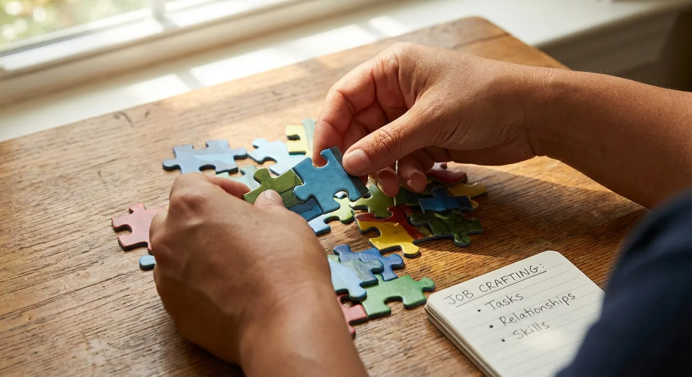 Hands arranging puzzle pieces on a wooden table, symbolizing job crafting