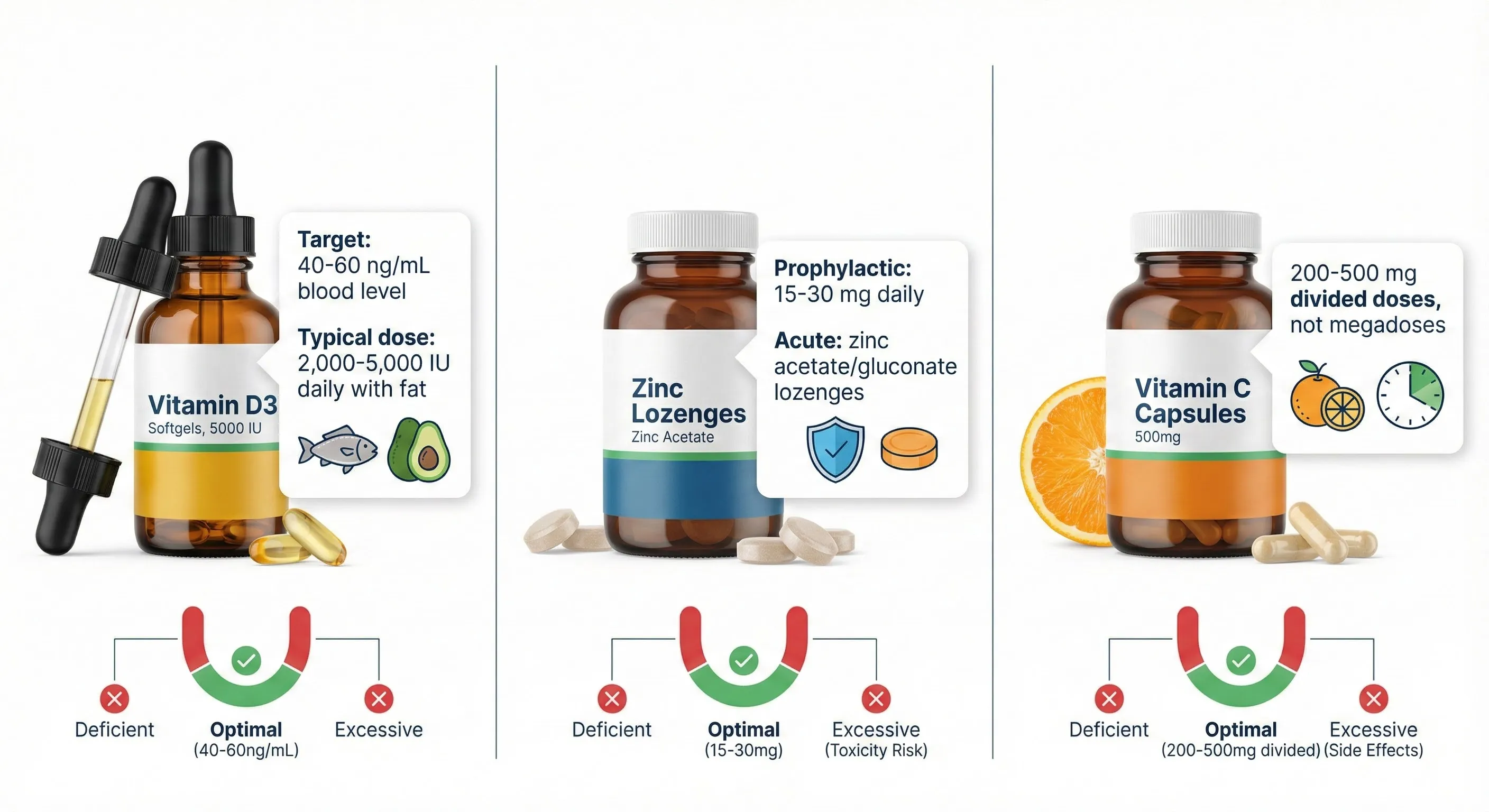Vitamin D, zinc, and vitamin C supplement bottles with optimal dosing recommendations