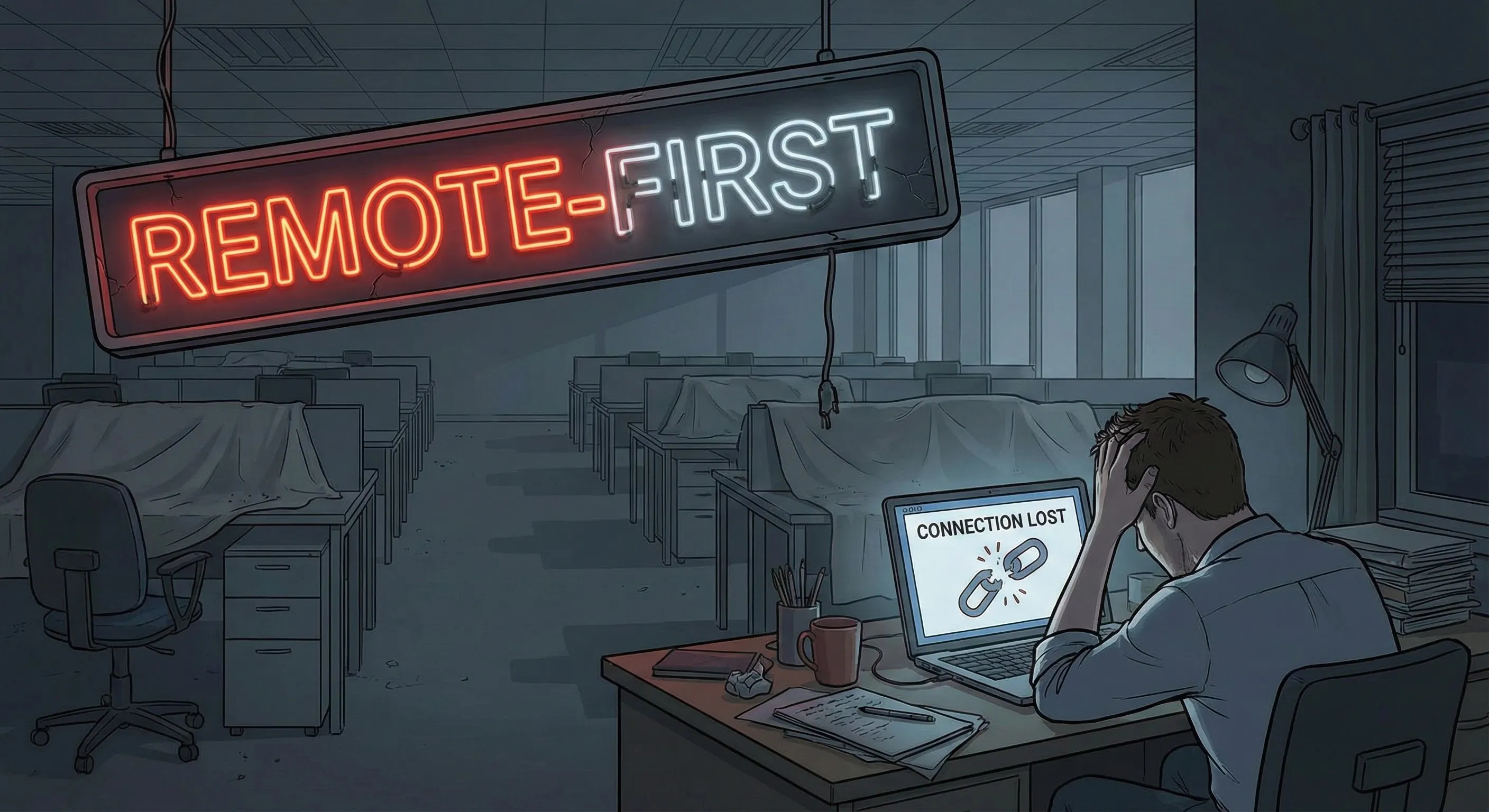 Empty home office with video call screen showing office workspace