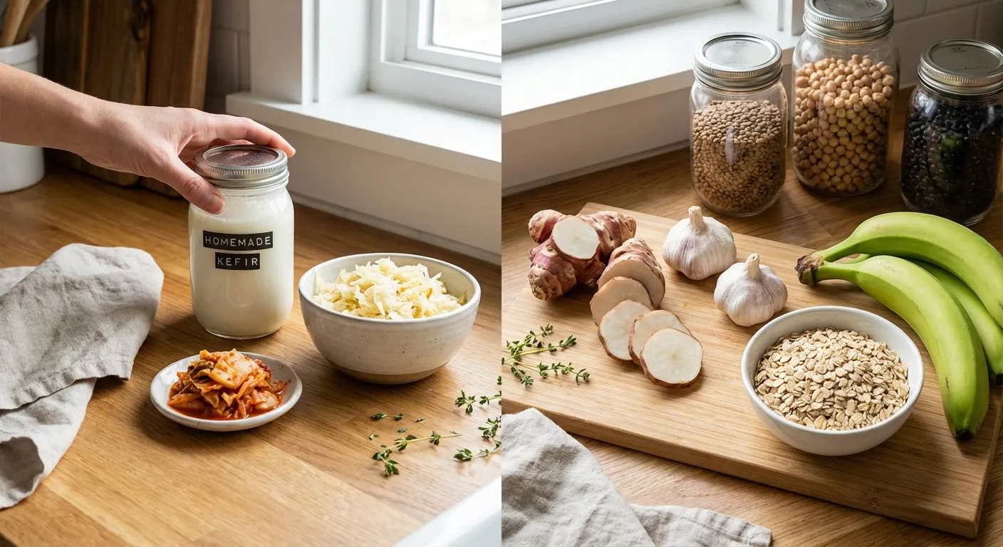 Colorful spread of fermented foods and prebiotic fiber sources arranged on a kitchen counter