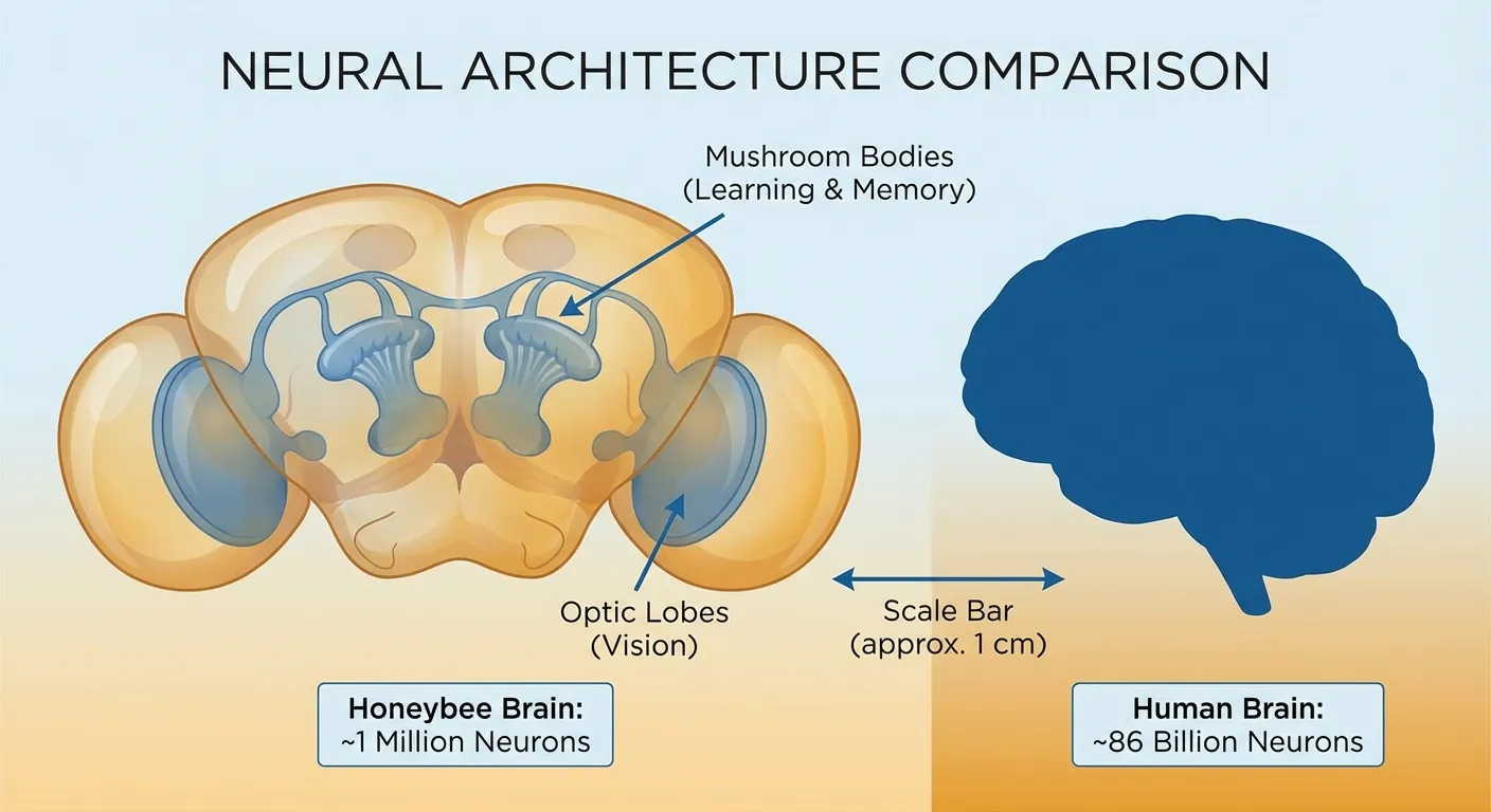 Diagram comparing bee brain to human brain with neuron counts labeled