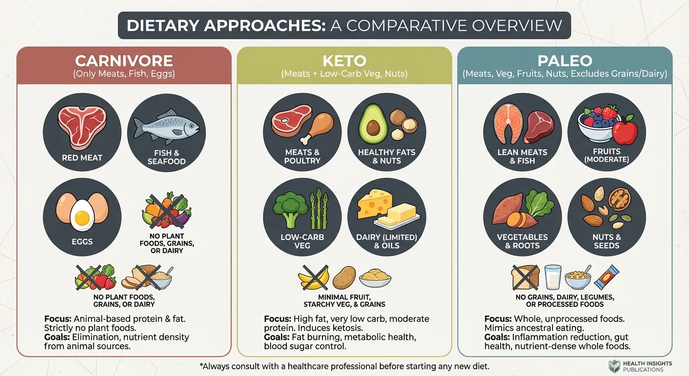 Comparison of carnivore, keto, and paleo diet food inclusions