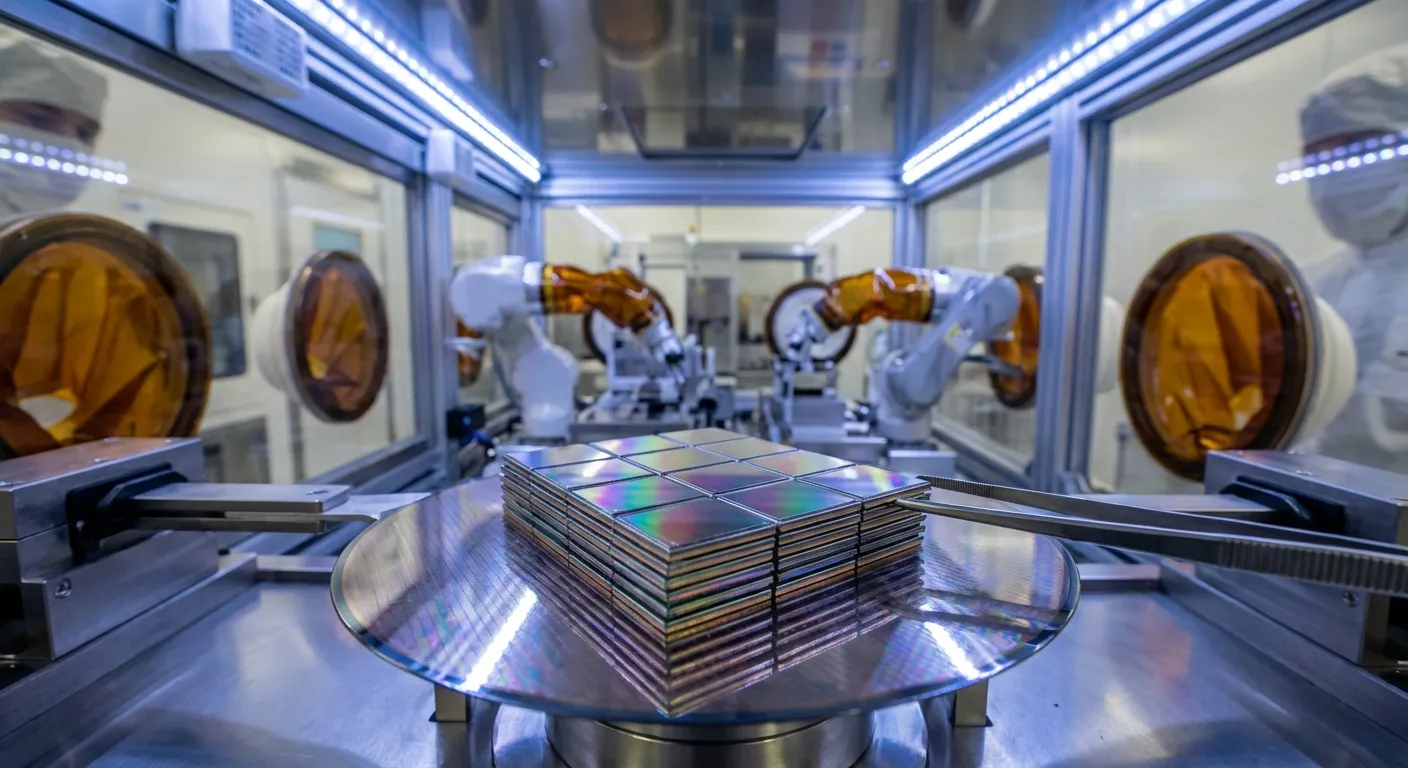 Stacked memory chips in a semiconductor fabrication facility with blue lighting