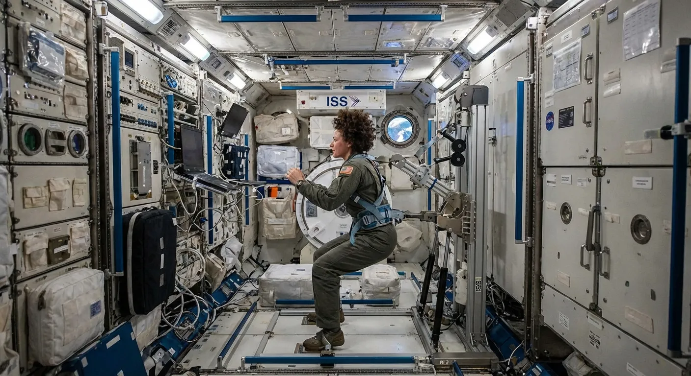 Interior of International Space Station showing astronaut exercising on specialized equipment
