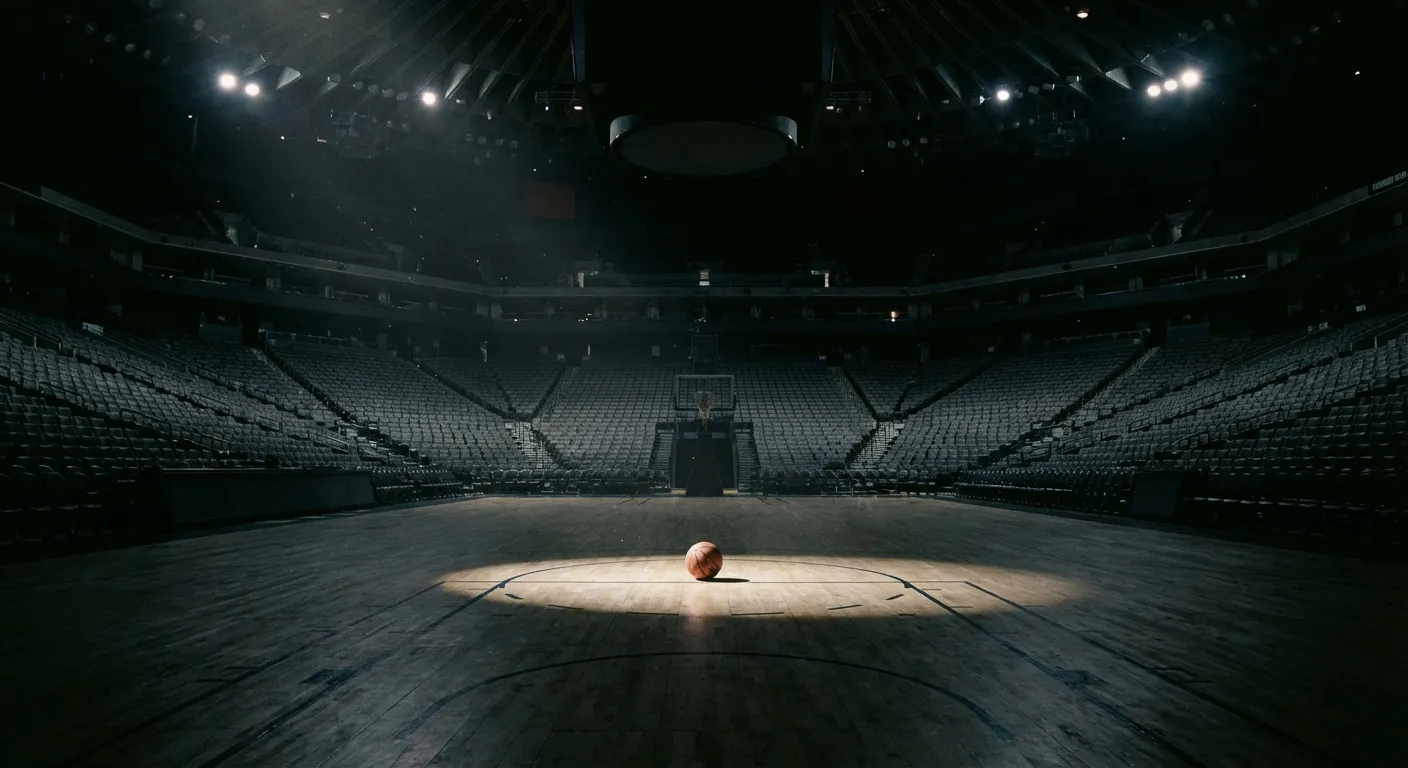 Empty NBA arena seats with a lone basketball on the court symbolizing tanking teams