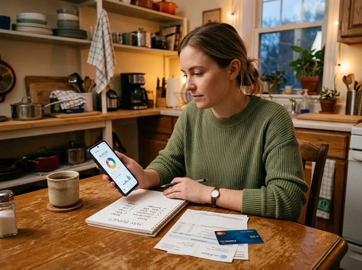 Person reviewing bank account on phone while sitting at kitchen table with bills