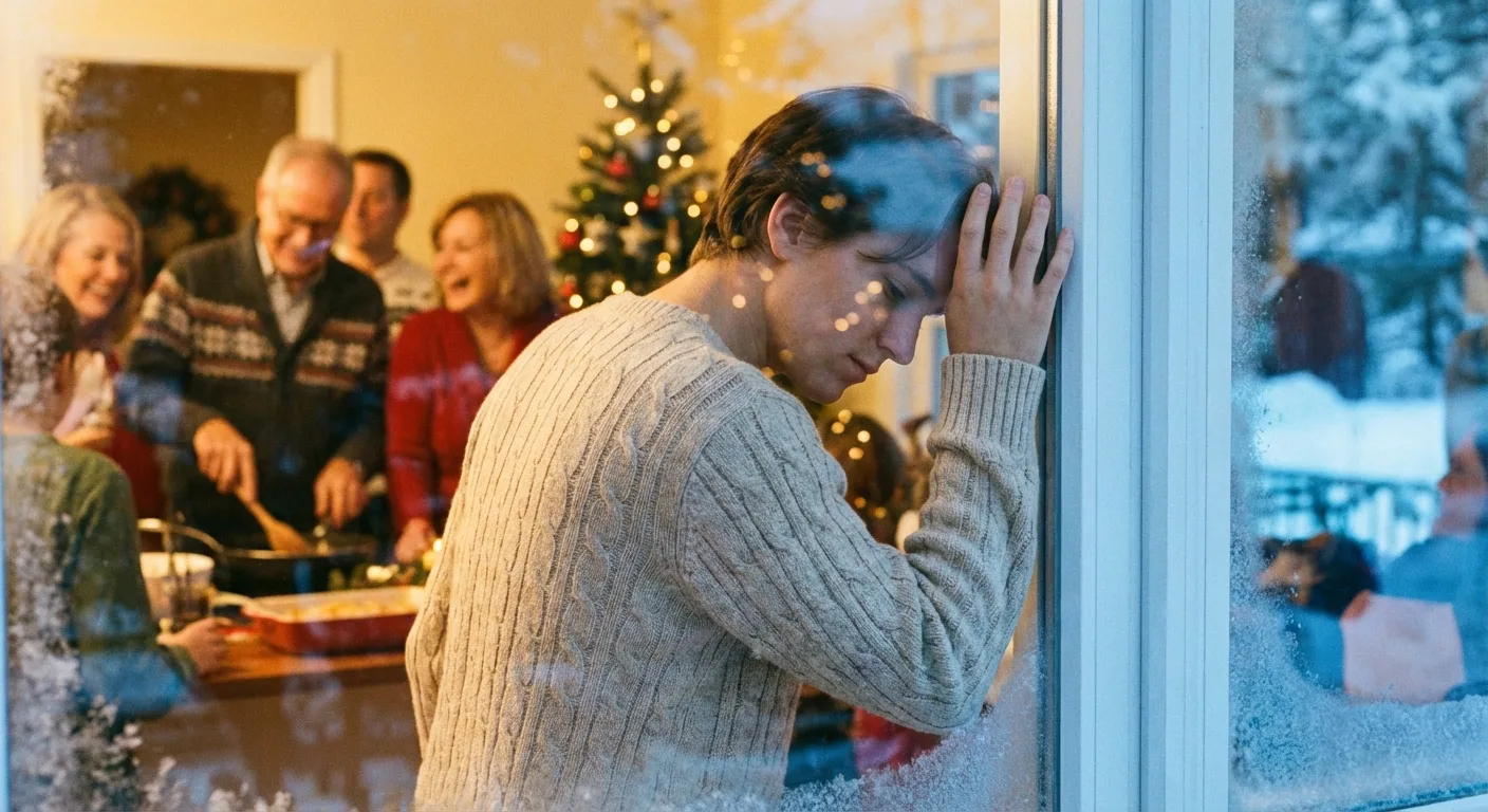 Person taking a mindful pause while looking out a window during a holiday gathering