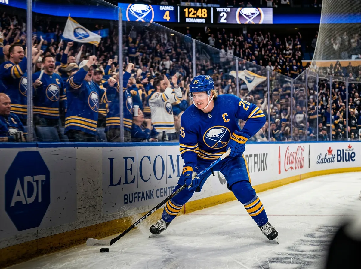 Rasmus Dahlin skating with the puck in Sabres captain jersey