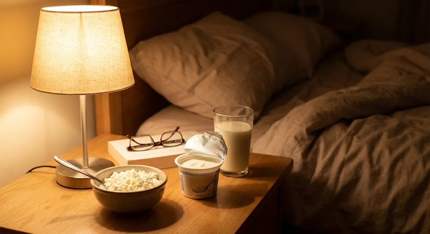 Greek yogurt and cottage cheese as pre-sleep protein sources on bedside table