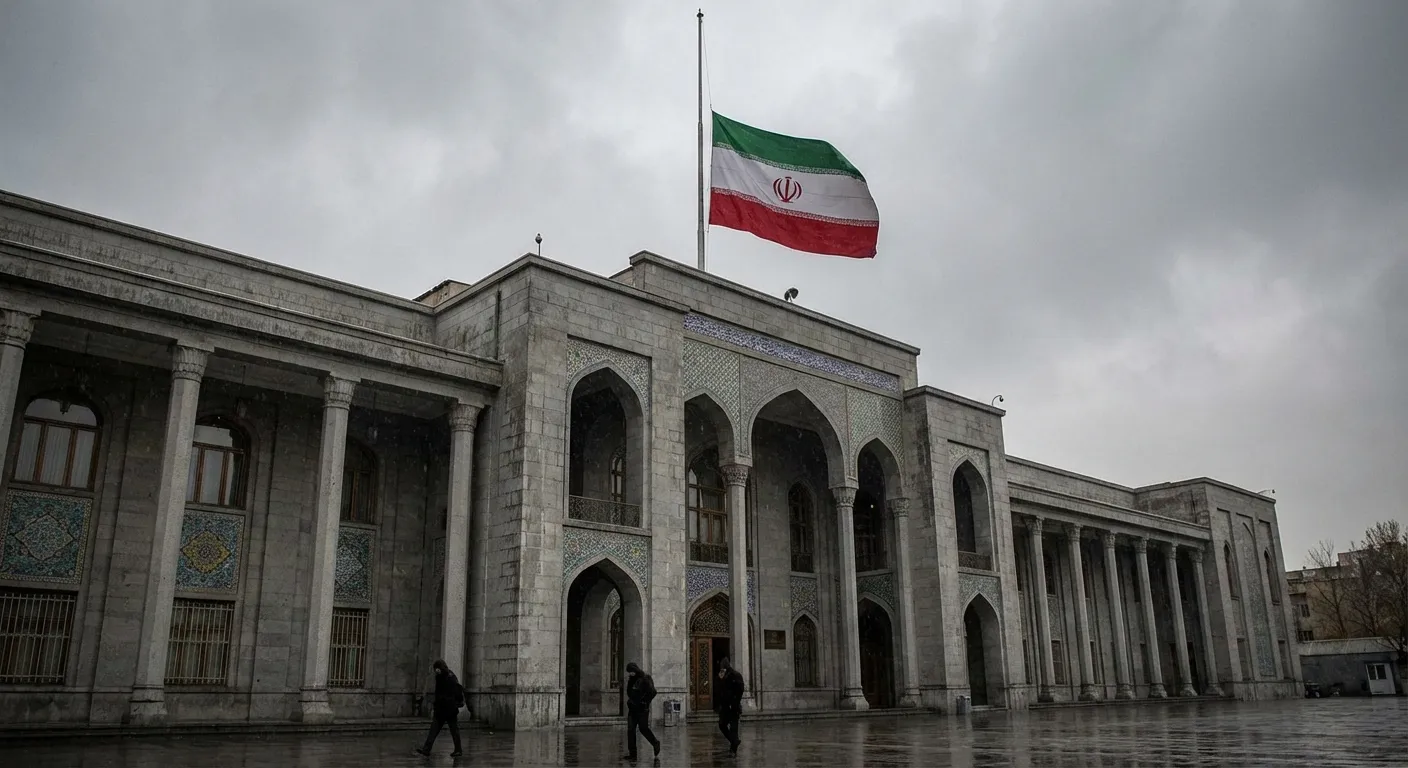 Iranian flag at half-mast against a cloudy sky above government buildings
